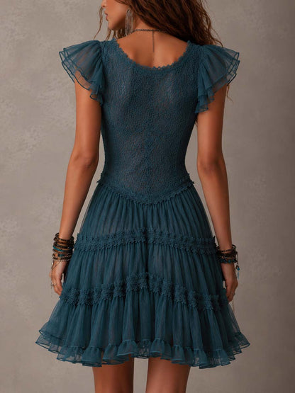 Delphine | Mini-robe bleue rétro à volants en dentelle et mousseline