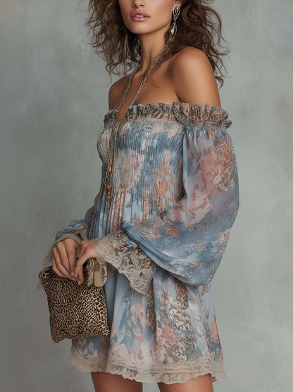 Romane | Robe mini froncée en mousseline à épaules dénudées et fleurs romantiques
