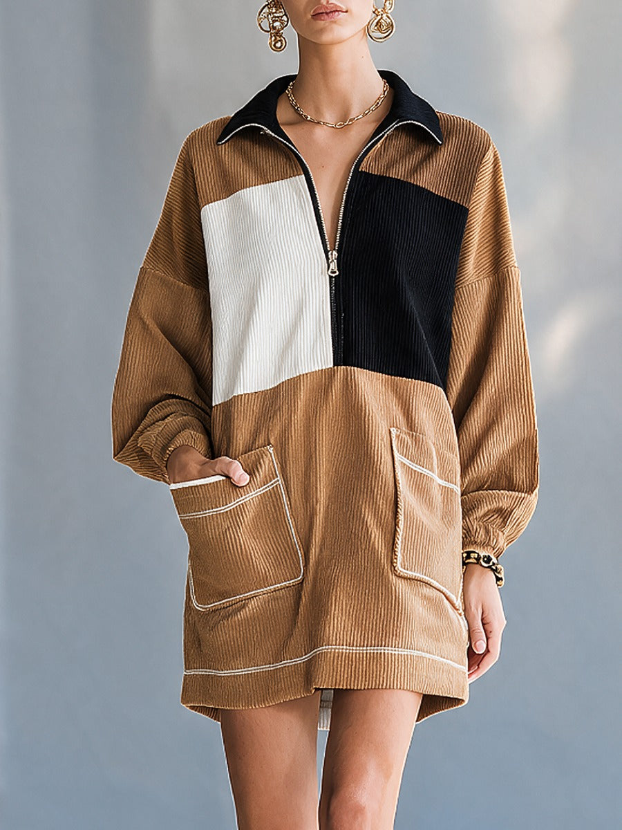 Georgette | Mini Robe en Velours Côtelé Color Block à Col et Demi-Zip, Manches Longues