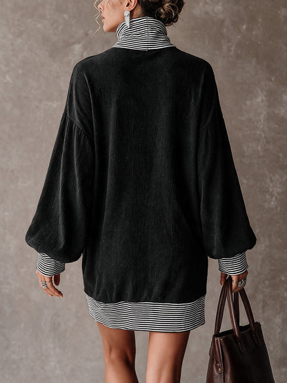 Lucie | Mini Robe Oversize Noire Color Block à Col Montant et Rayures