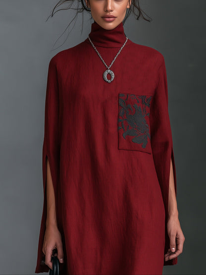 Mariette | Robe Longue Minimaliste Brodée à Manches Fendues et Poches