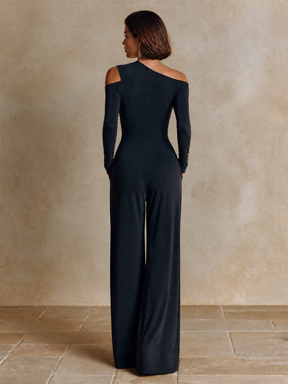 Eugénie | Combinaison Noire Asymétrique à Une Épaule et Jambes Larges