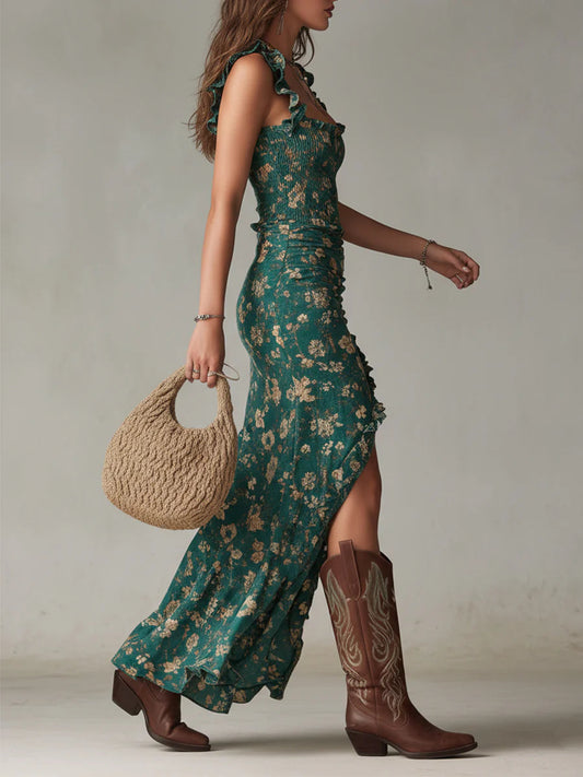 Sidonie | Robe Maxi Imprimée Verte Bohème à Manches Volantées