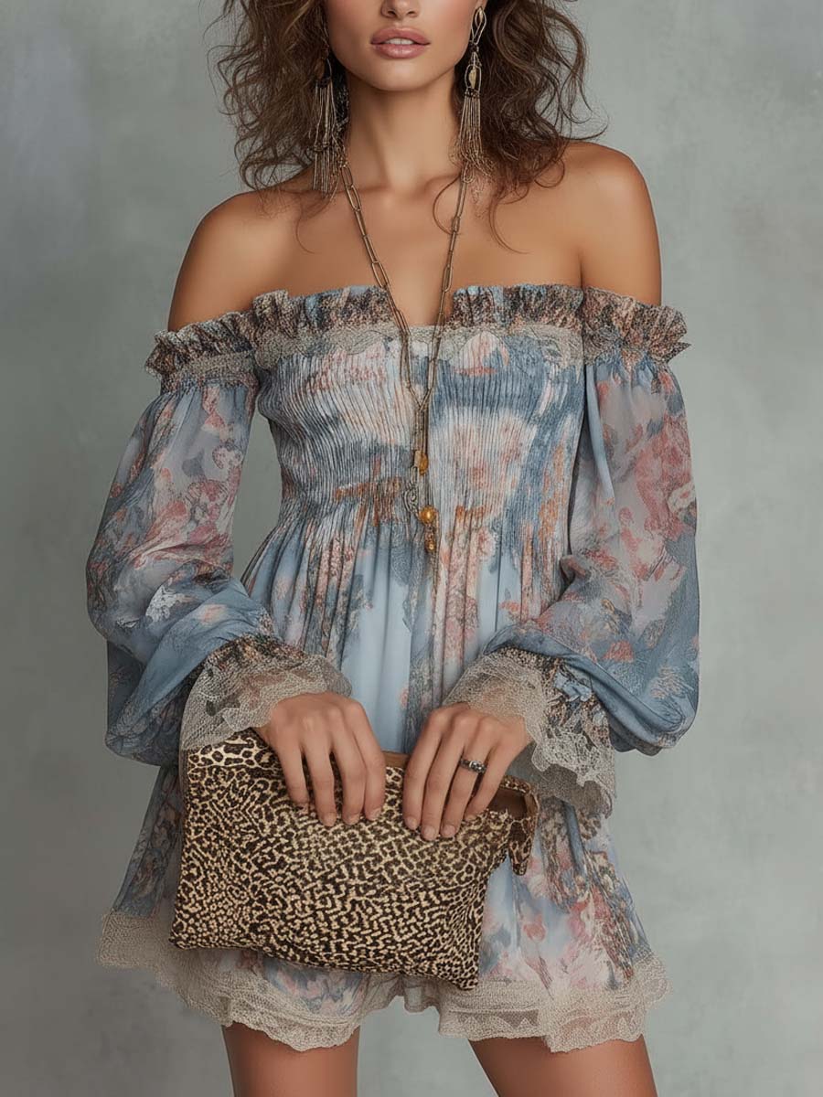 Romane | Robe mini froncée en mousseline à épaules dénudées et fleurs romantiques