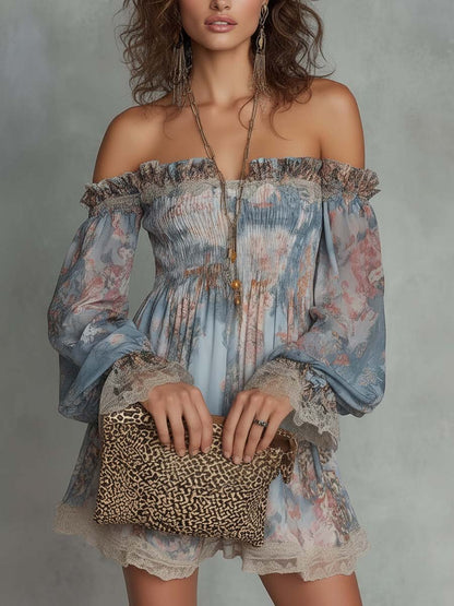 Romane | Robe mini froncée en mousseline à épaules dénudées et fleurs romantiques