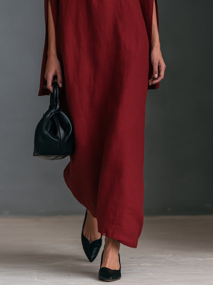 Mariette | Robe Longue Minimaliste Brodée à Manches Fendues et Poches