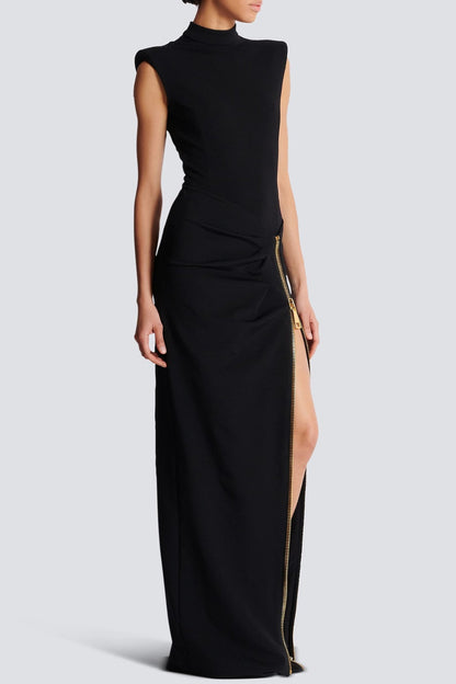 Armelle | Robe Longue Noire Sans Manches Premium à Zip et Fentes