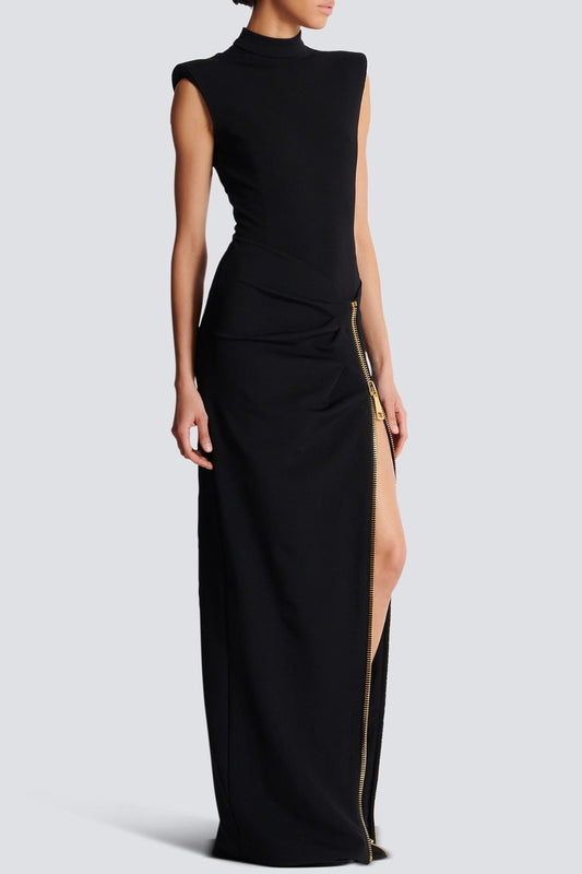 Armelle | Robe Longue Noire Sans Manches Premium à Zip et Fentes