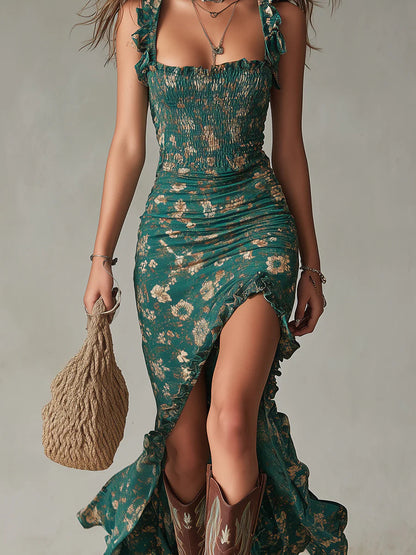 Sidonie | Robe Maxi Imprimée Verte Bohème à Manches Volantées