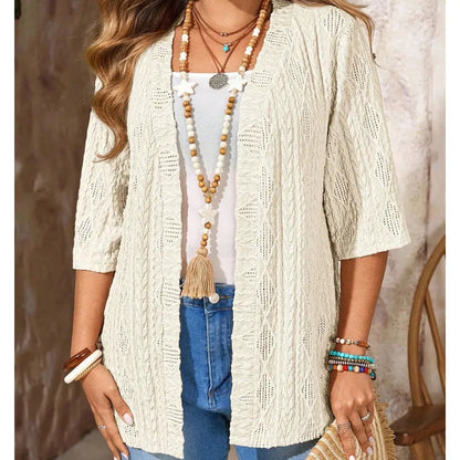 Cardigan femme ajouré ouvert à manches 3/4