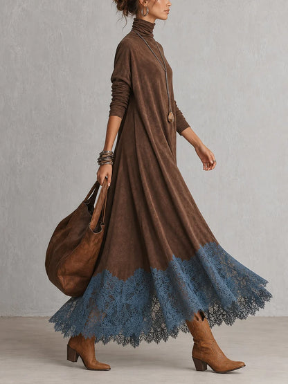 BRUNELLA | Robe longue effet daim avec ourlet en dentelle