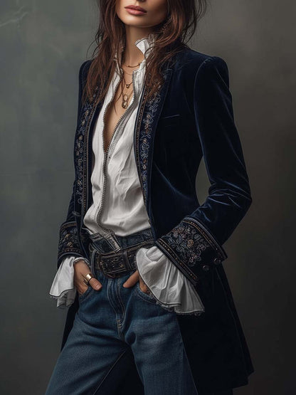 Athénaïs | Veste Longue Brodée Vintage Bleu Marine