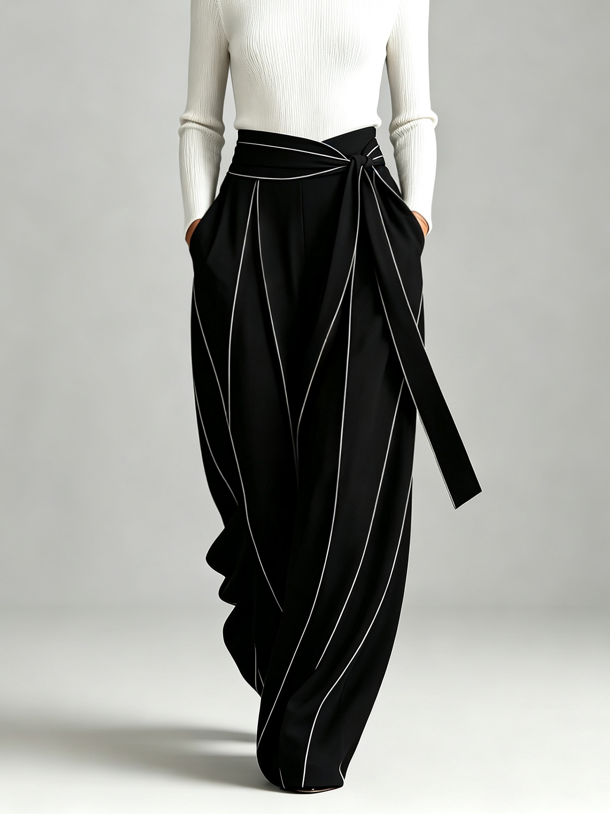 Clotilde | Ensemble Haut en Maille Côtelée Col Montant et Pantalon Large Portefeuille à Surpiqûres Contrastantes