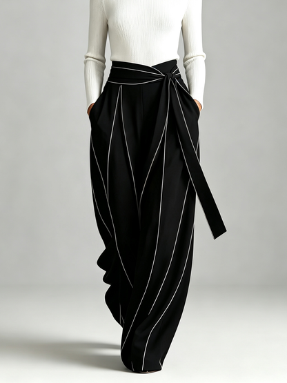 Clotilde | Ensemble Haut en Maille Côtelée Col Montant et Pantalon Large Portefeuille à Surpiqûres Contrastantes