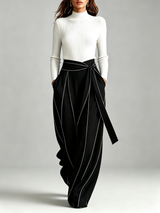 Clotilde | Ensemble Haut en Maille Côtelée Col Montant et Pantalon Large Portefeuille à Surpiqûres Contrastantes