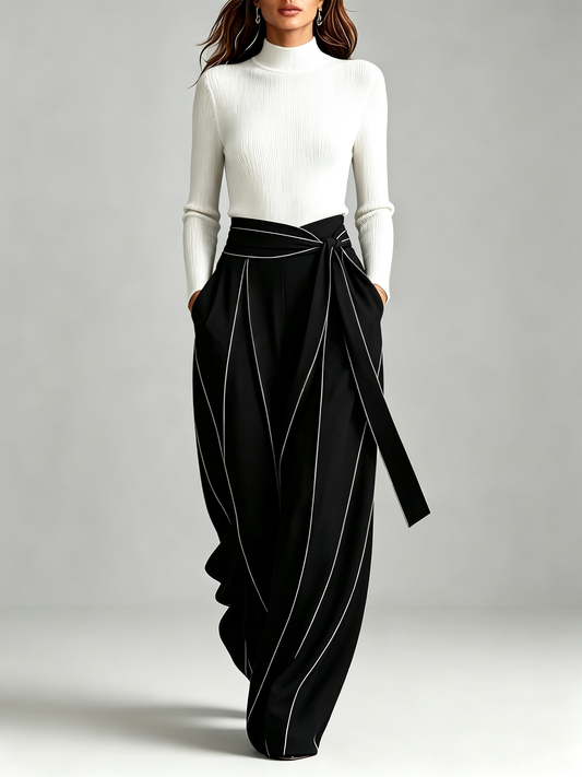 Clotilde | Ensemble Haut en Maille Côtelée Col Montant et Pantalon Large Portefeuille à Surpiqûres Contrastantes