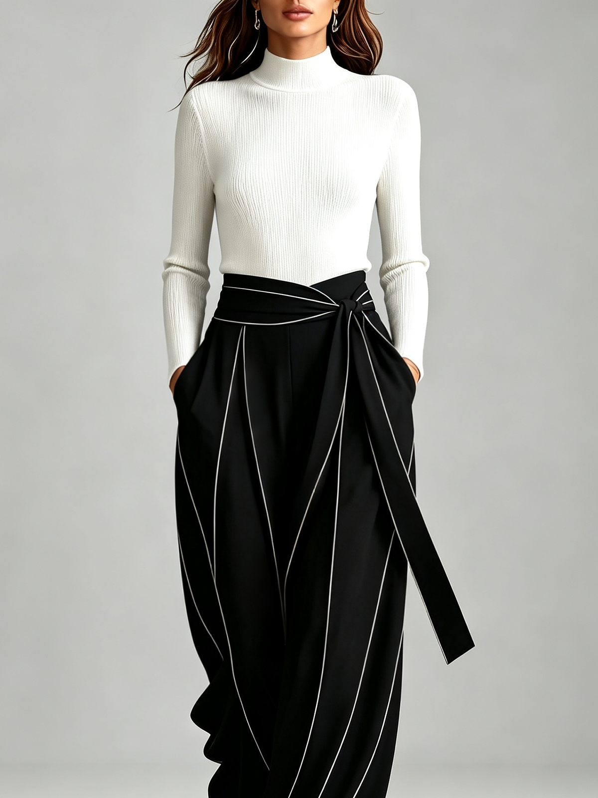 Clotilde | Ensemble Haut en Maille Côtelée Col Montant et Pantalon Large Portefeuille à Surpiqûres Contrastantes