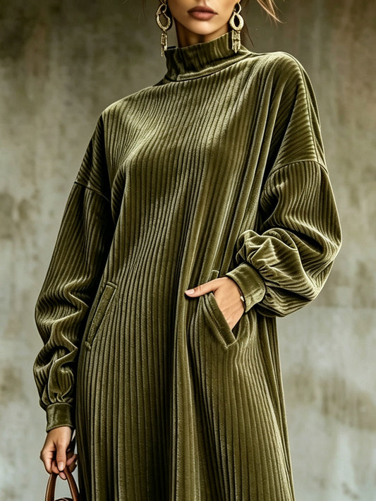 Rolande | Robe Midi Vintage en Velours Côtelé à Col Montant et Ourlet à Franges