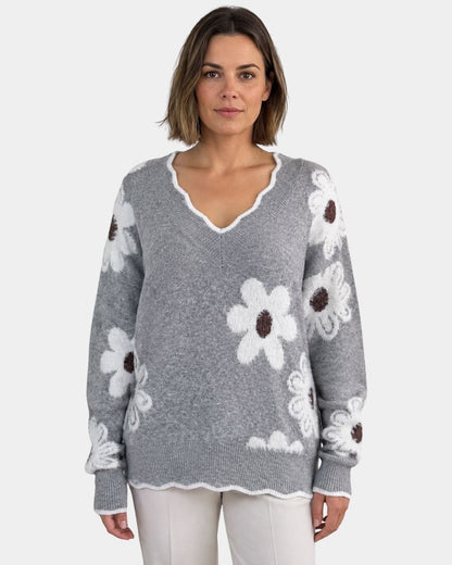 PAULA | TRICOT FLORAL ÉLÉGANT AVEC COL EN V