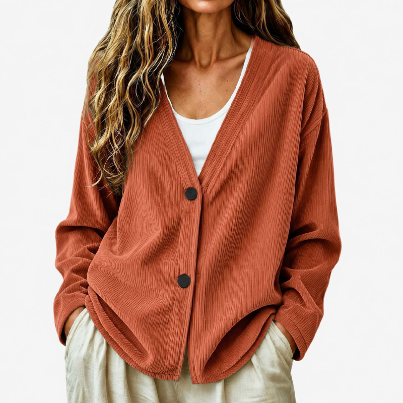 Cardigan femme côtelé à col V boutonné