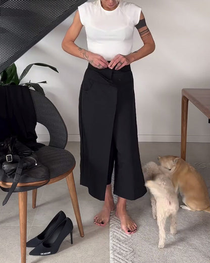 Pantalon femme asymétrique à jambes larges