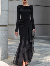 Roxane | Robe Maxi en Dentelle Noire Épaules Dénudées Col Cowl