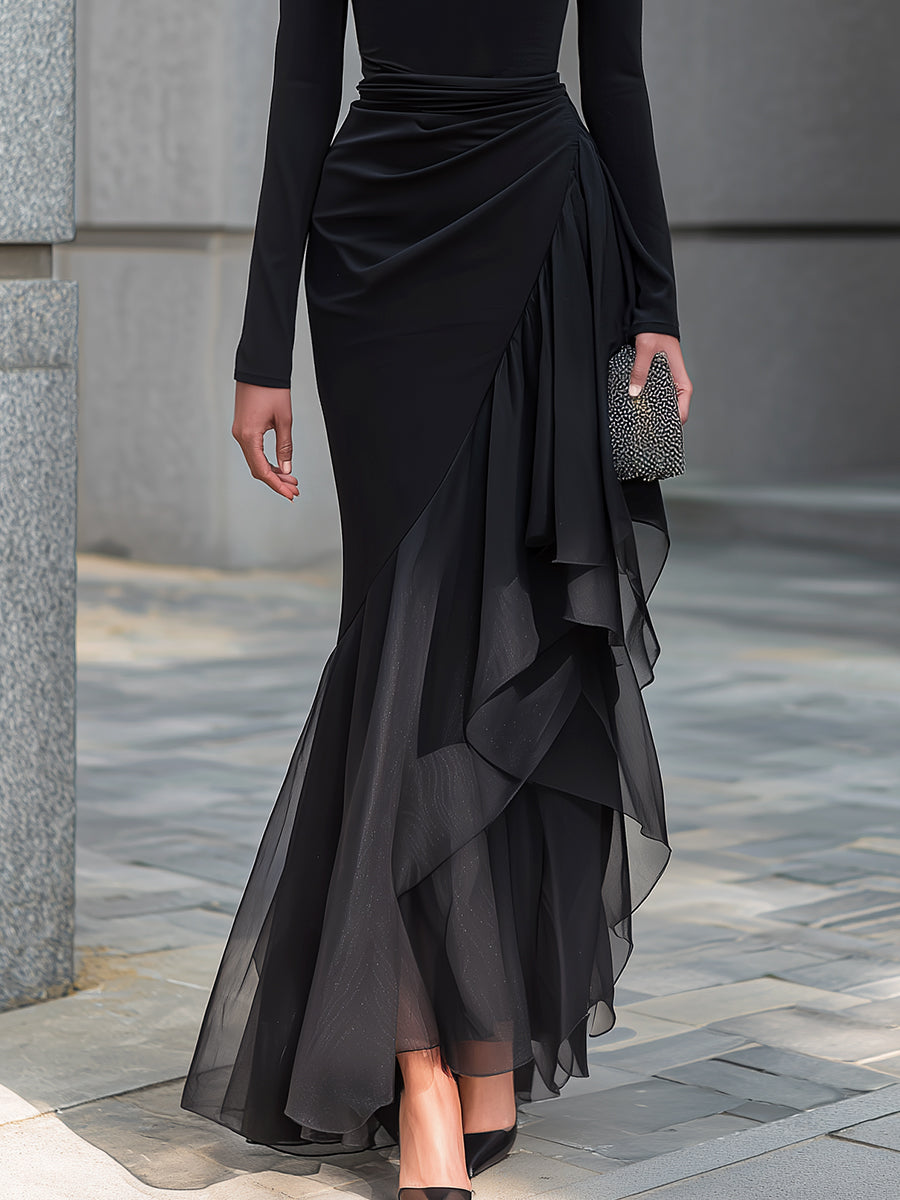 Roxane | Robe Maxi en Dentelle Noire Épaules Dénudées Col Cowl