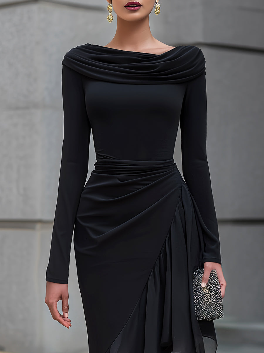 Roxane | Robe Maxi en Dentelle Noire Épaules Dénudées Col Cowl