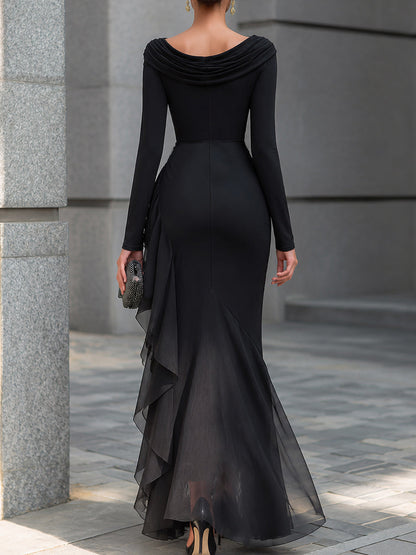 Roxane | Robe Maxi en Dentelle Noire Épaules Dénudées Col Cowl
