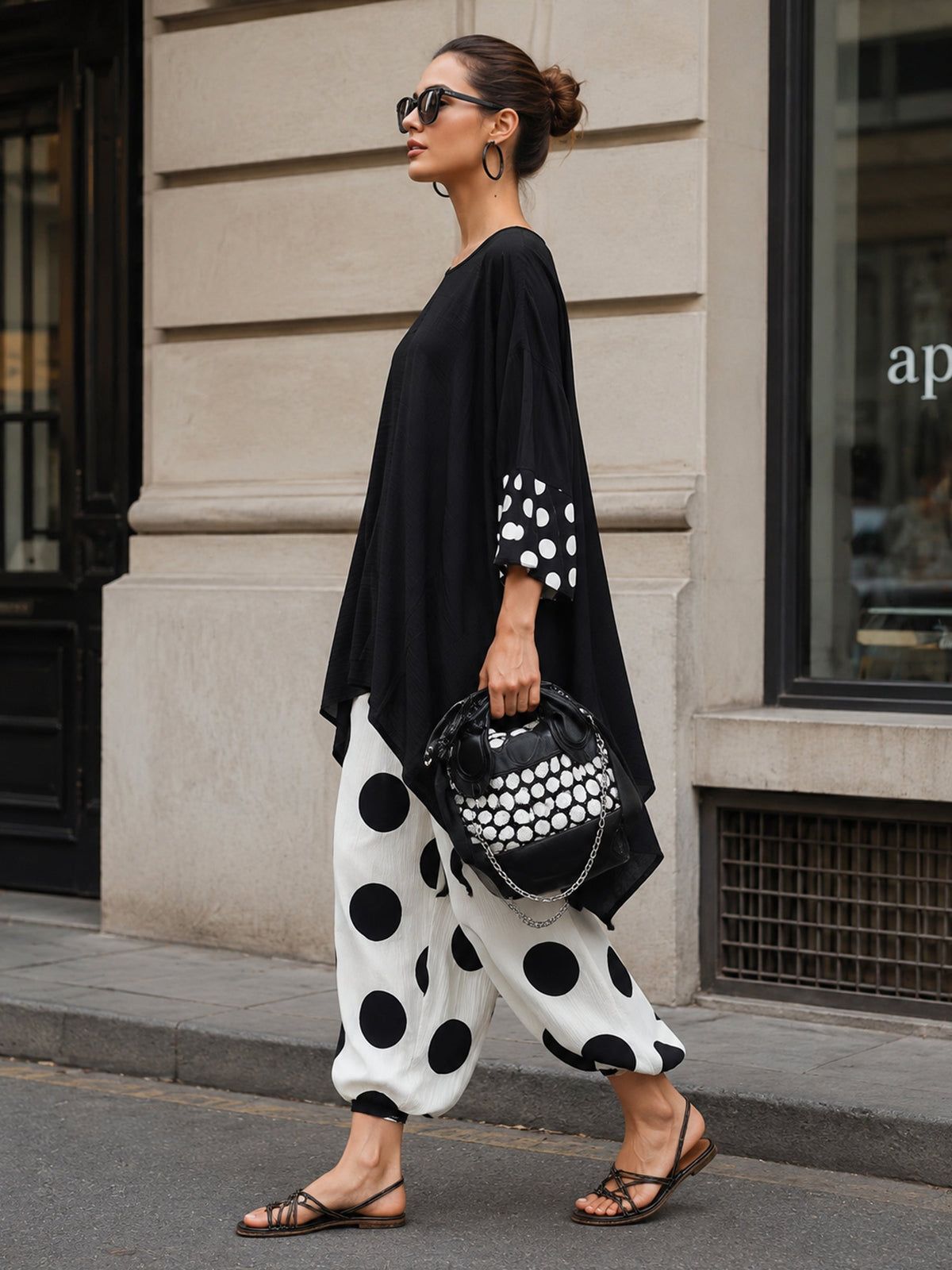 Angeline | Ensemble Deux Pièces Tunique Oversize Noire à Ourlet Asymétrique et Pantalon Sarouel à Pois