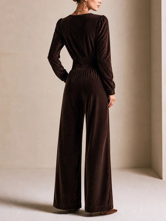 Cyrielle | Combinaison Pantalon Large en Velours Côtelé Taille Haute à Boutons Dorés Vintage
