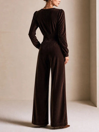 Cyrielle | Combinaison Pantalon Large en Velours Côtelé Taille Haute à Boutons Dorés Vintage