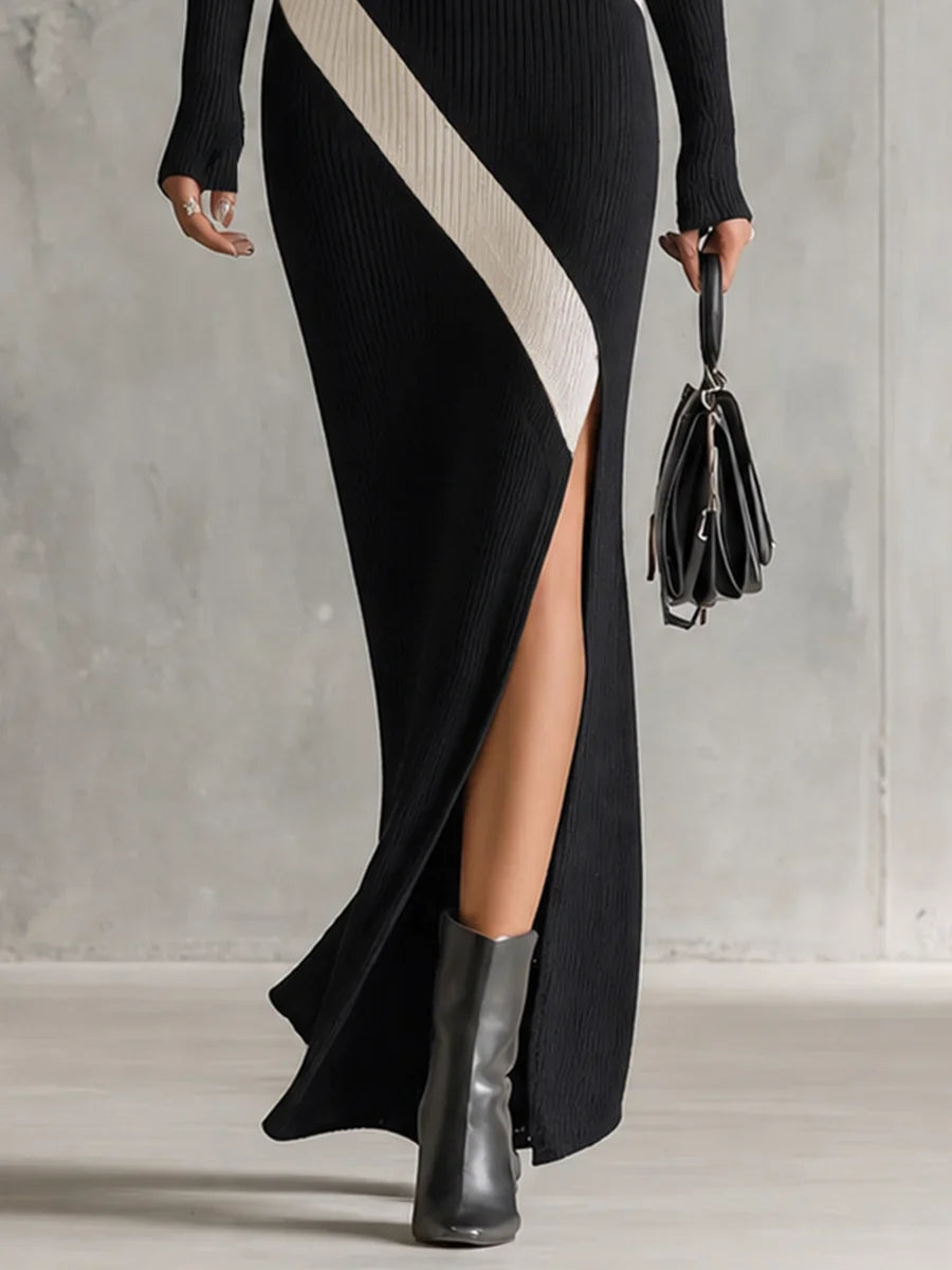 Cosette | Robe Longue en Maille Côtelée Color Block Épaule Dénudée Asymétrique