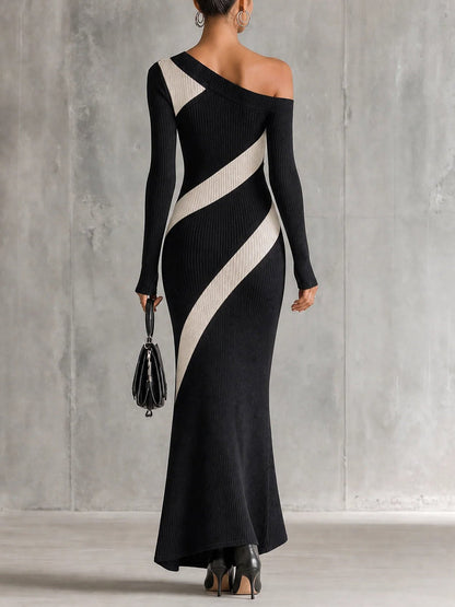 Cosette | Robe Longue en Maille Côtelée Color Block Épaule Dénudée Asymétrique