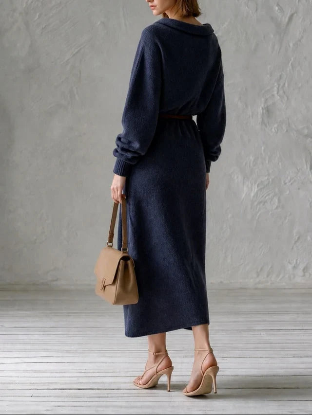Coline | Robe Midi Oversize en Maille Épaules Dénudées avec Fine Ceinture en Cuir