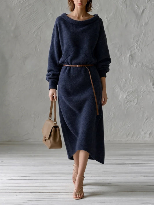 Coline | Robe Midi Oversize en Maille Épaules Dénudées avec Fine Ceinture en Cuir