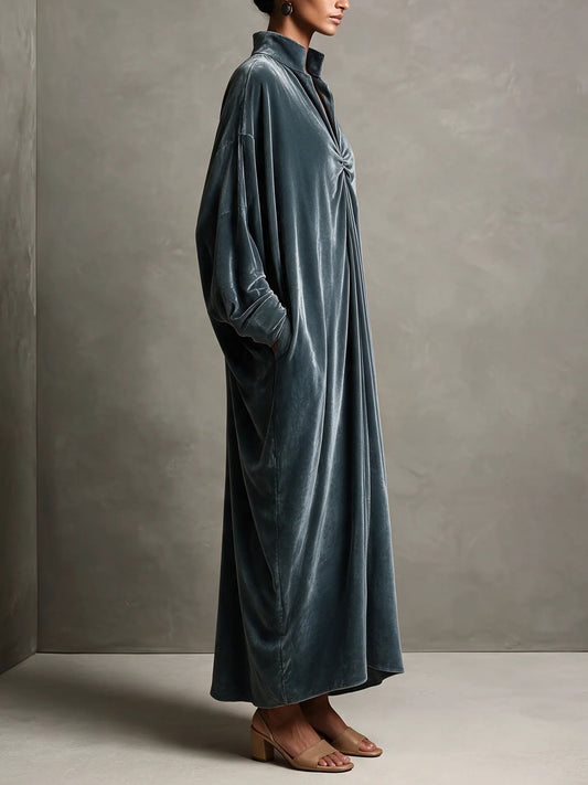 Thérèse | Robe Caftan Longue Oversize en Velours à Manches Longues et Détail Torsé