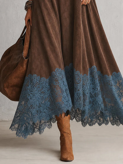 BRUNELLA | Robe longue effet daim avec ourlet en dentelle