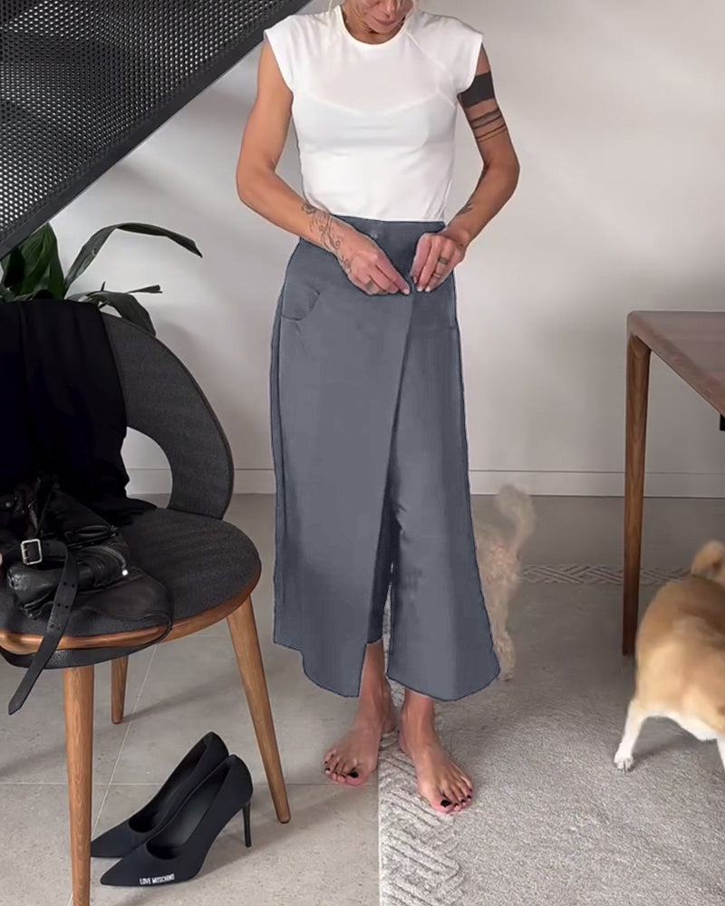 Pantalon femme asymétrique à jambes larges