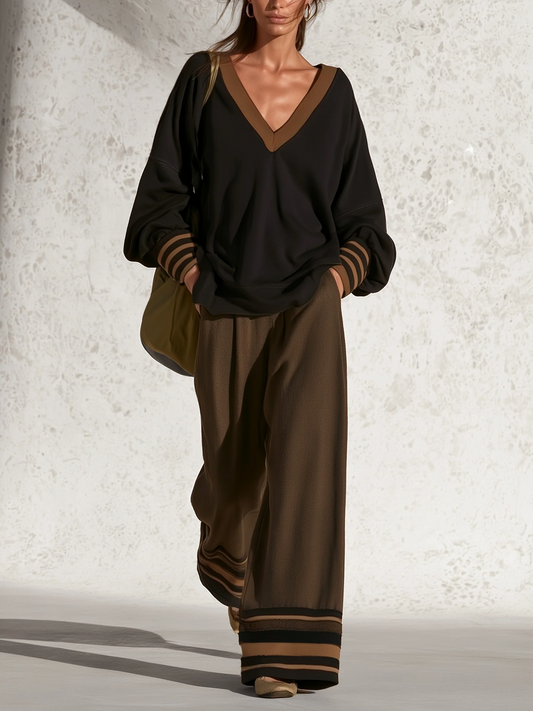 Blandine | Ensemble Deux Pièces Noir et Marron, Haut Ample Col V et Pantalon Large