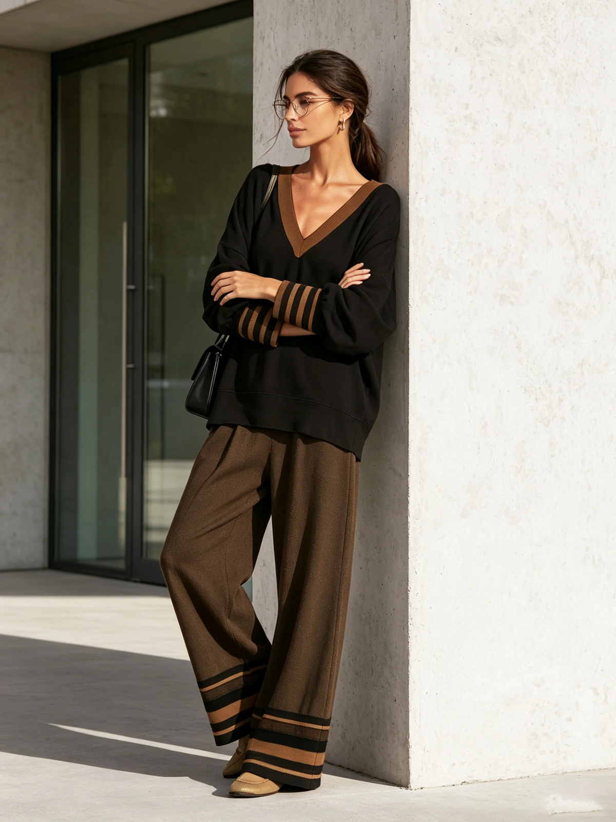 Blandine | Ensemble Deux Pièces Noir et Marron, Haut Ample Col V et Pantalon Large