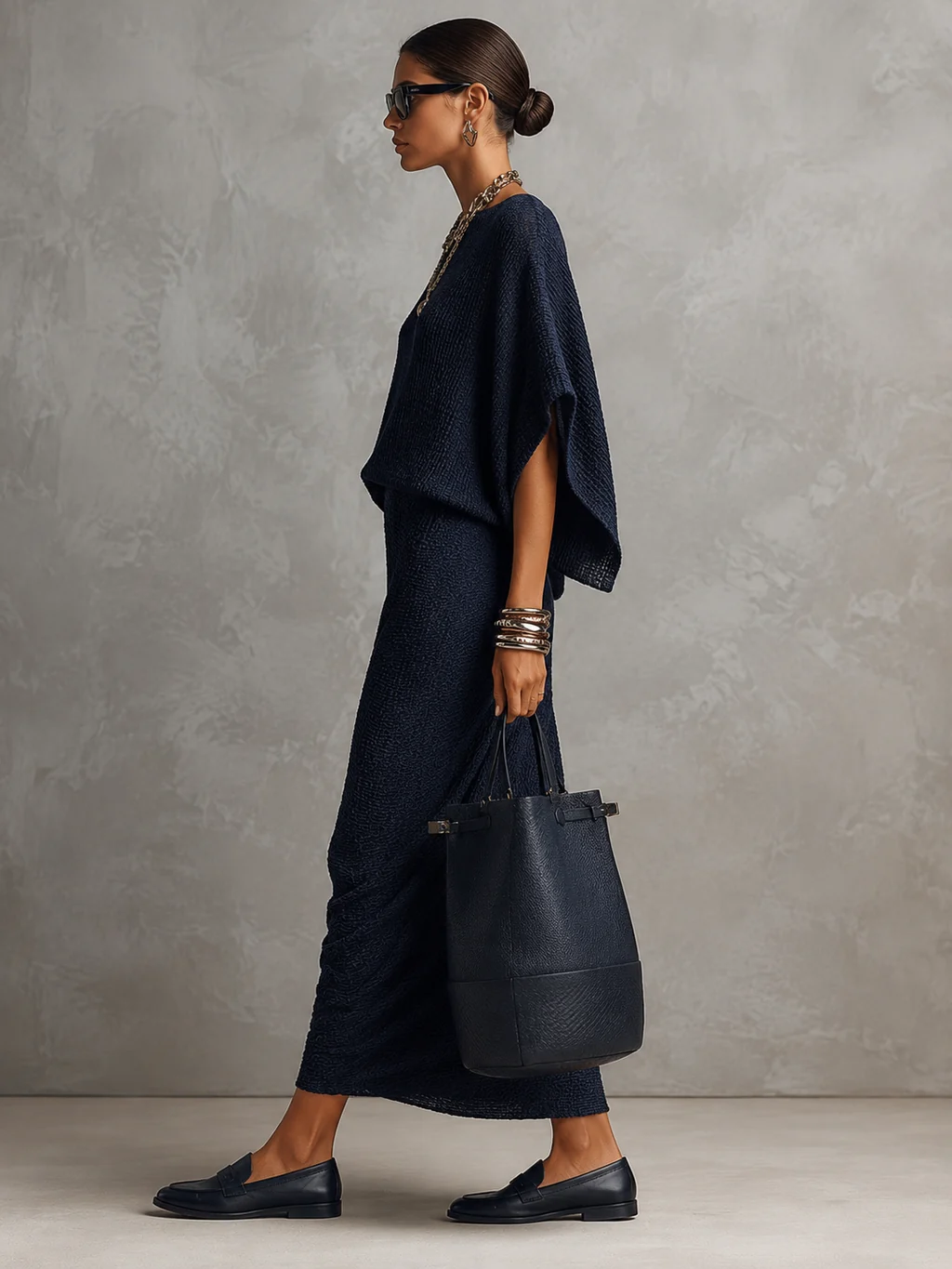 Guillemette | Ensemble Deux Pièces Chic Bleu Marine Texturé, Haut Chauve-Souris et Jupe Midi