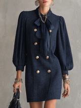 Julie | Mini Robe Chic Bleu Marine Texturée Croisée à Encolure Nœud