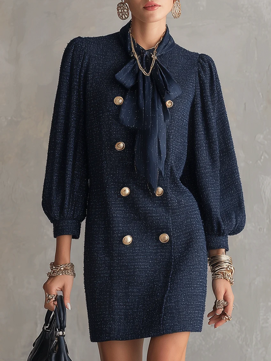 Julie | Mini Robe Chic Bleu Marine Texturée Croisée à Encolure Nœud