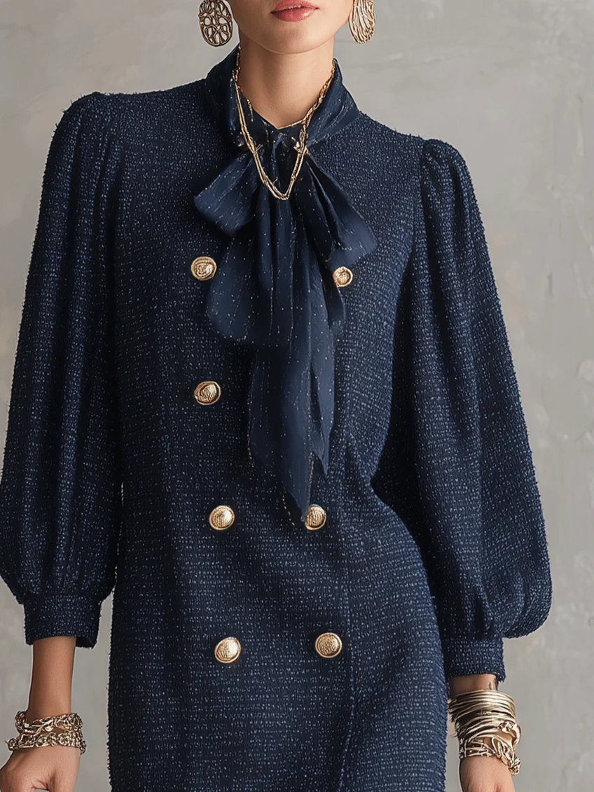 Julie | Mini Robe Chic Bleu Marine Texturée Croisée à Encolure Nœud