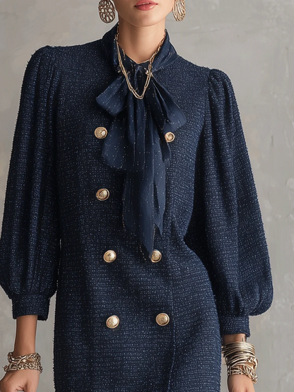 Julie | Mini Robe Chic Bleu Marine Texturée Croisée à Encolure Nœud
