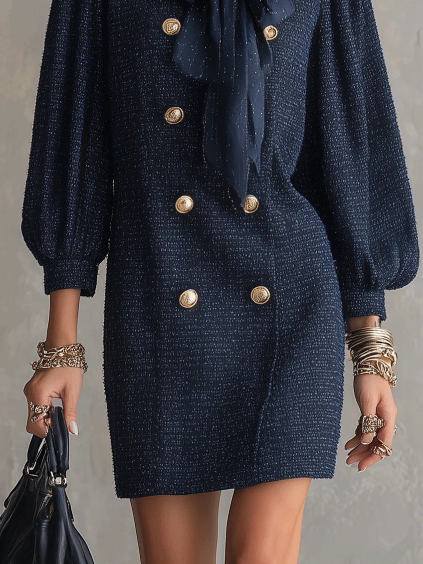 Julie | Mini Robe Chic Bleu Marine Texturée Croisée à Encolure Nœud