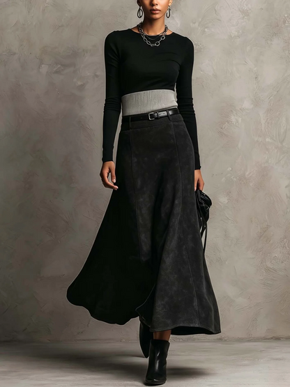 Justine | Ensemble Moderne Haut Noir à Manches Longues et Jupe Longue Asymétrique Taille Haute