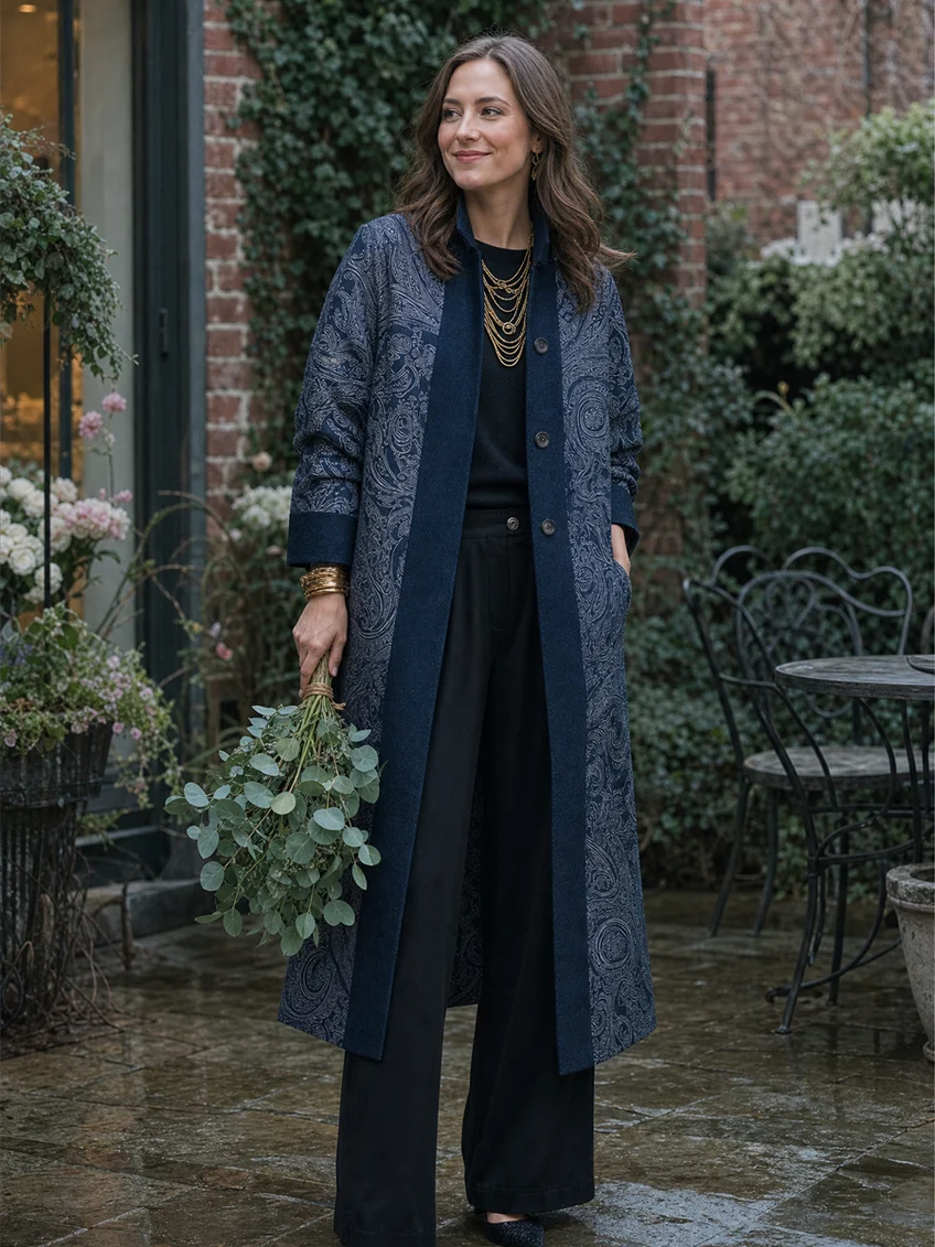 Léonie | Manteau Long Ouvert Bleu Marine à Imprimé Cachemire Vintage