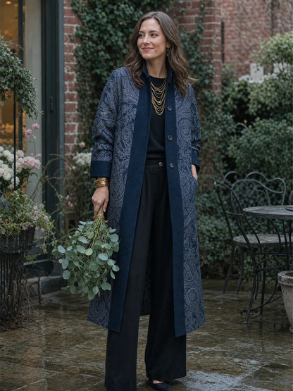 Léonie | Manteau Long Ouvert Bleu Marine à Imprimé Cachemire Vintage